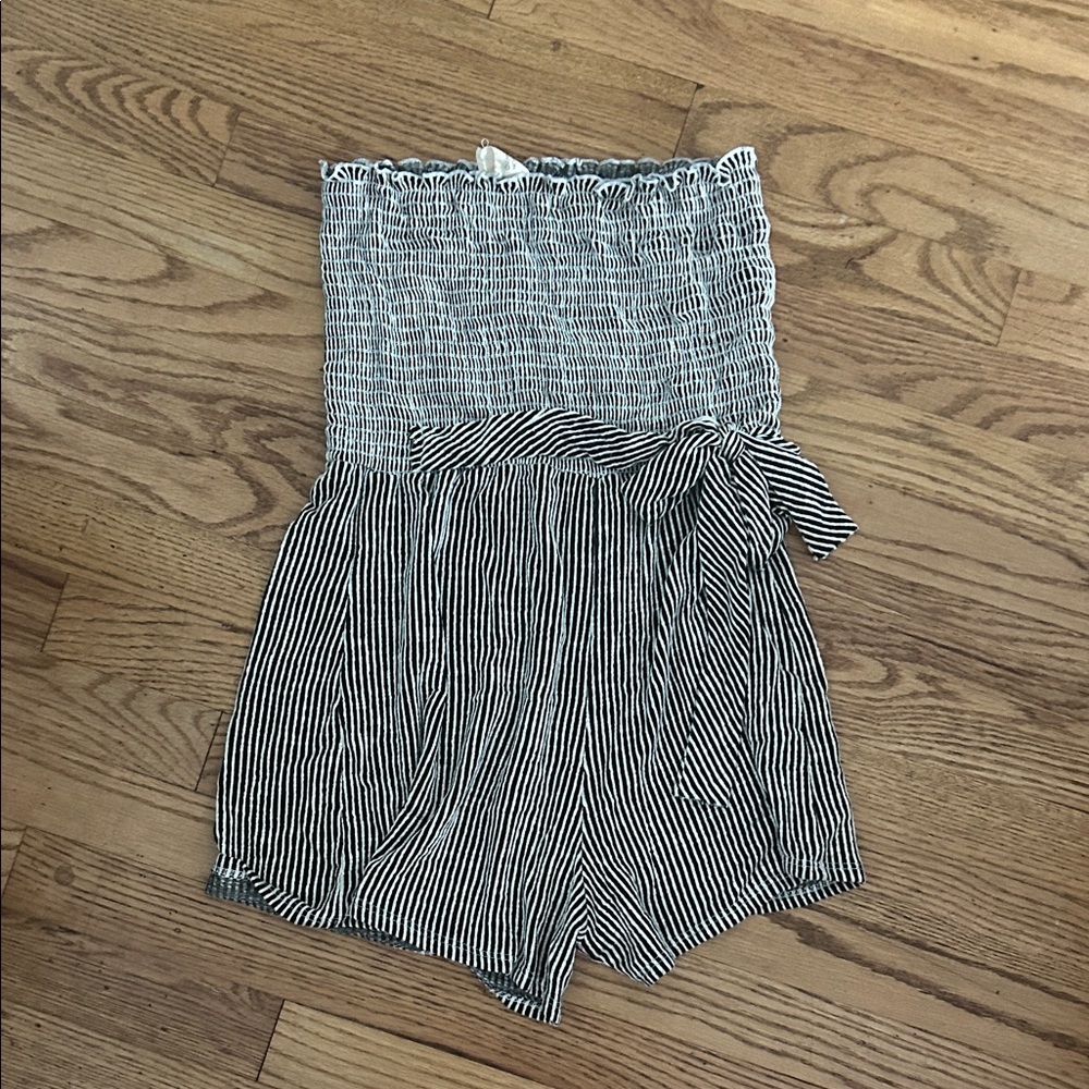 Caution To The Wind Black and White Striped Romper